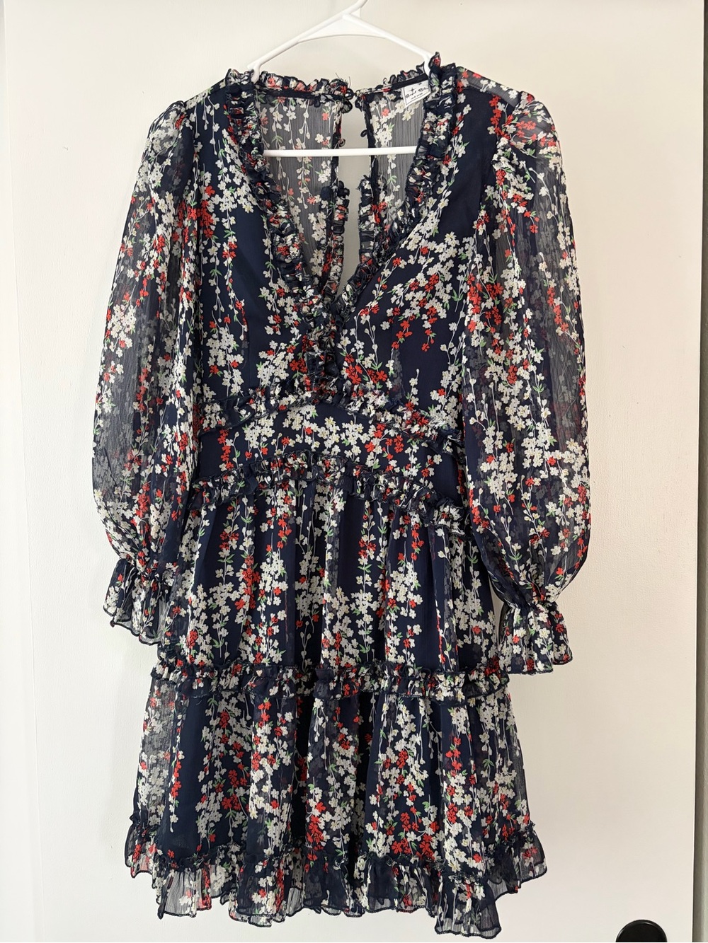 Floral Ruffle Tiered Mini Dress - Navy with Red & White Blossoms